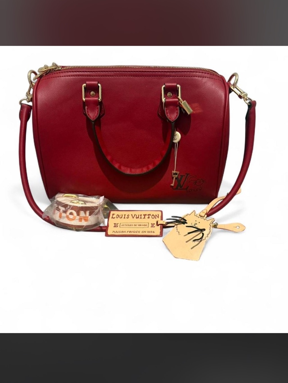 Red leather handbag